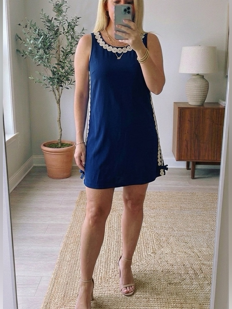 Lilly Pulitzer Stella Shift Dress Size 8 Navy W/Gold Crochet Lace Side Bows Nwot